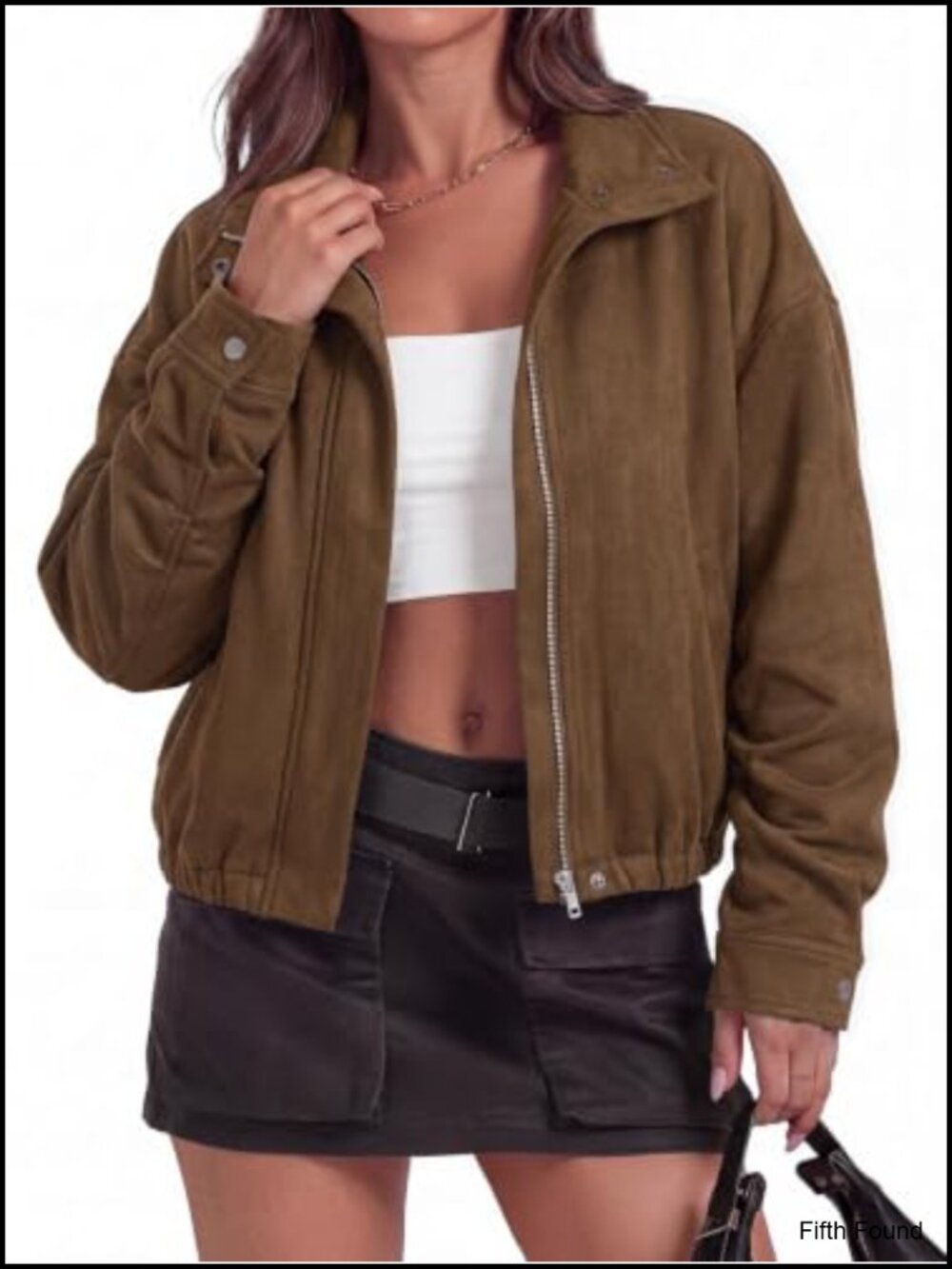 Faux Suede Bomber Jacket Women Loose Zip Up Cropped Coat Outerwear